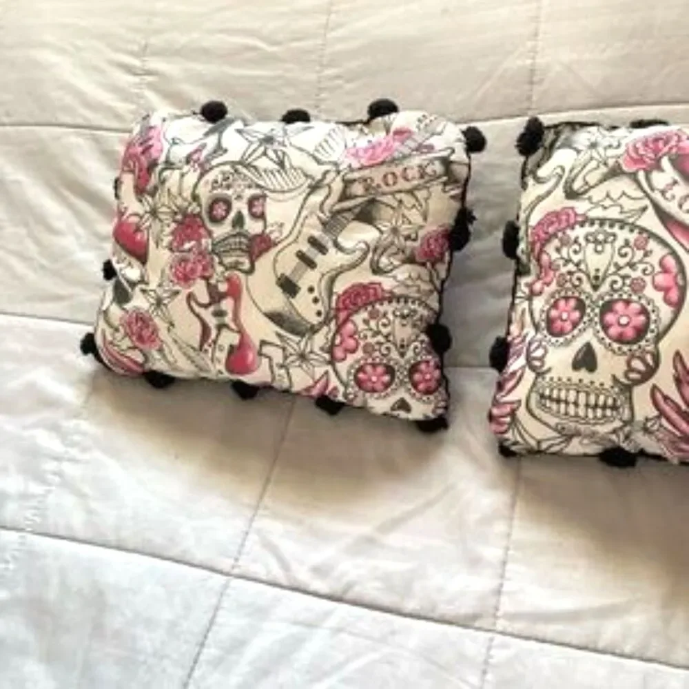 DAY of THE DEAD Rock Guitar Pink Roses Accent Throw Pillow 12 x 8 in Set of 2